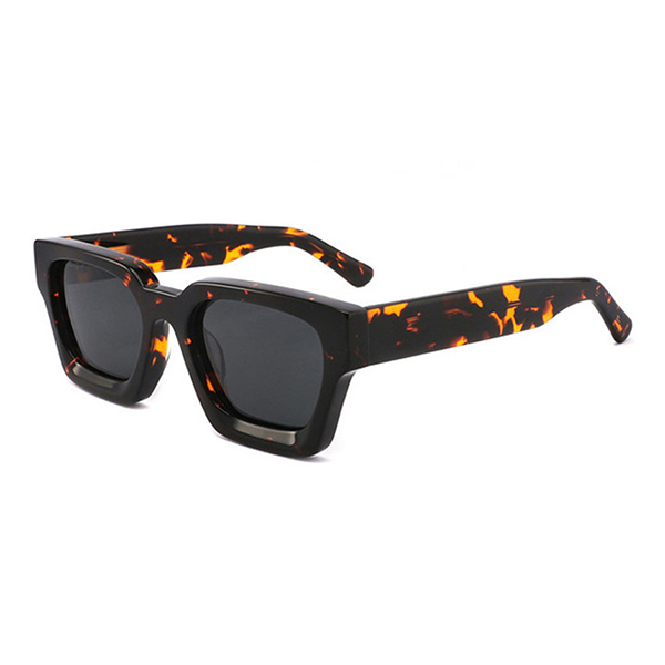 Close-up of the chunky thick-frame construction of the acetate sunglasses