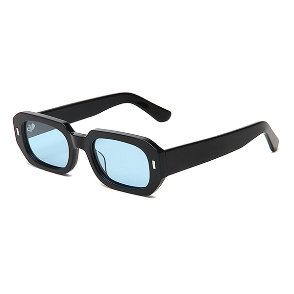 Close-up of the vintage-inspired square frame of the sunglasses