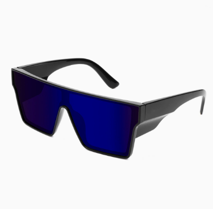 A person wearing the modern square-frame sunglasses while cycling