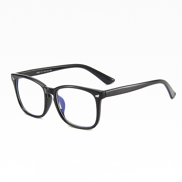 A close-up shot of a clear, non-prescription lens on a pair of blue light glasses, showing no distortion.
