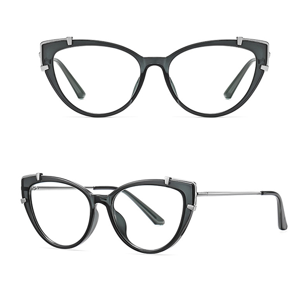 A person with clear vision trying on non-prescription blue light glasses.