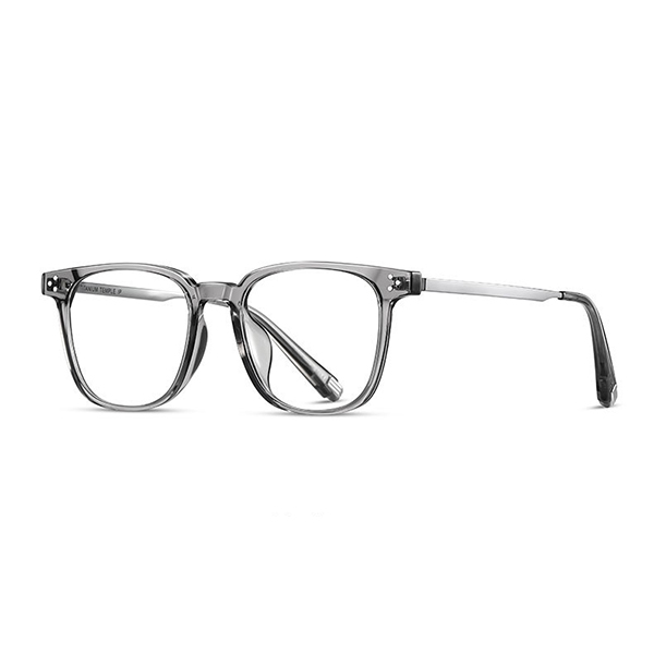 A person with clear vision trying on non-prescription blue light glasses