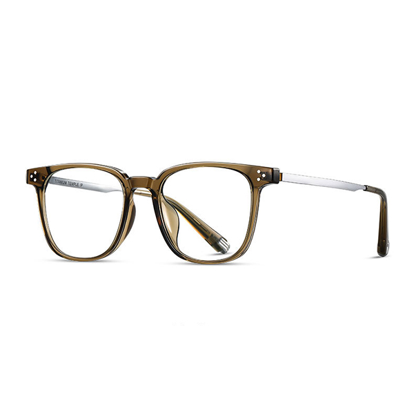 A man and a woman wearing the same style of unisex glasses