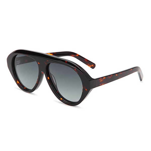Close-up of the bold acetate frame on the retro aviator sunglasses