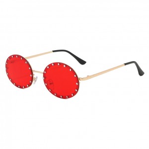 Round Sunglasses Rhinestone Metal Frame Rimless Sun Shades for Women
